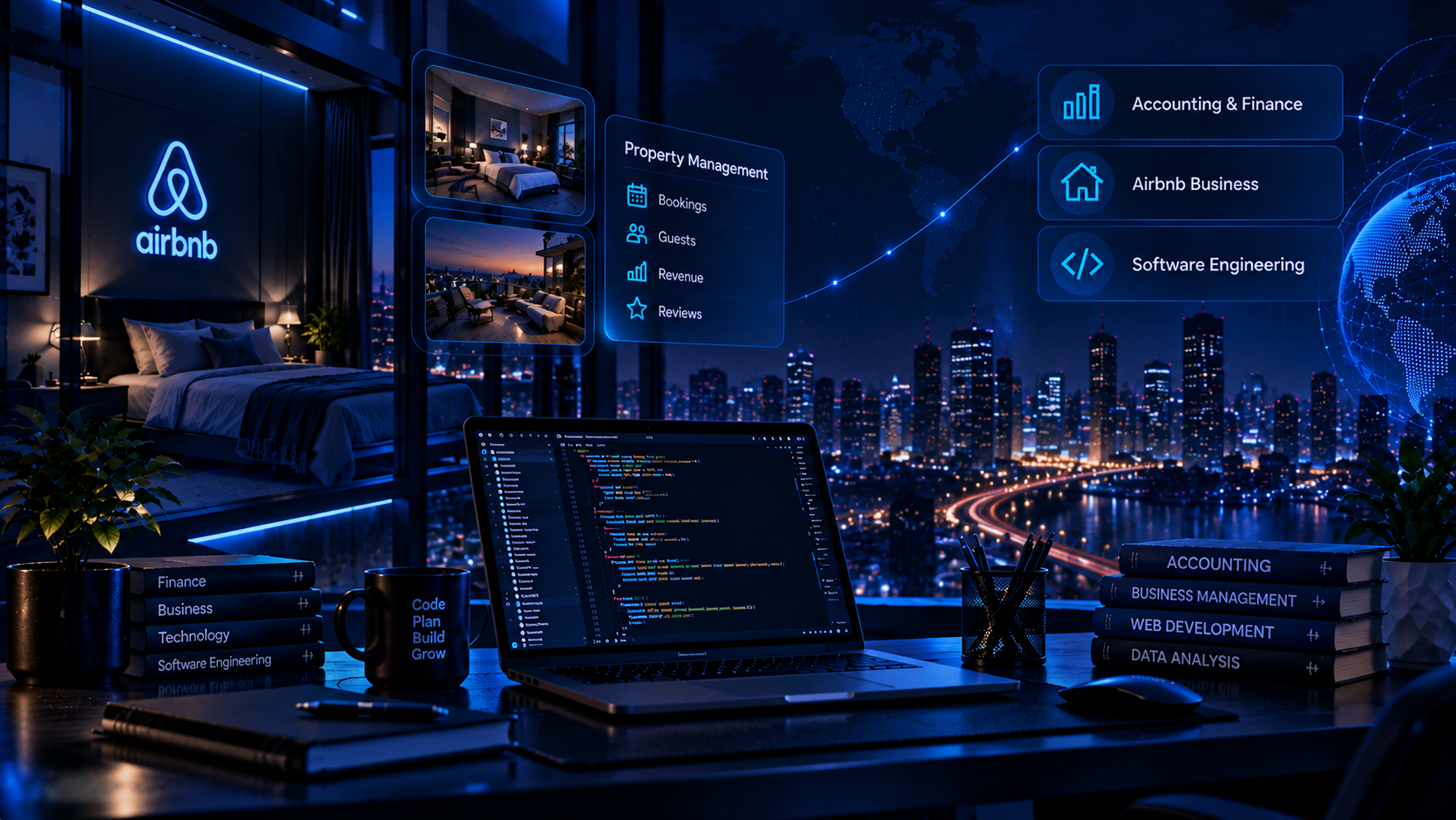 Neon Blueprint Tech Workspace Skyline